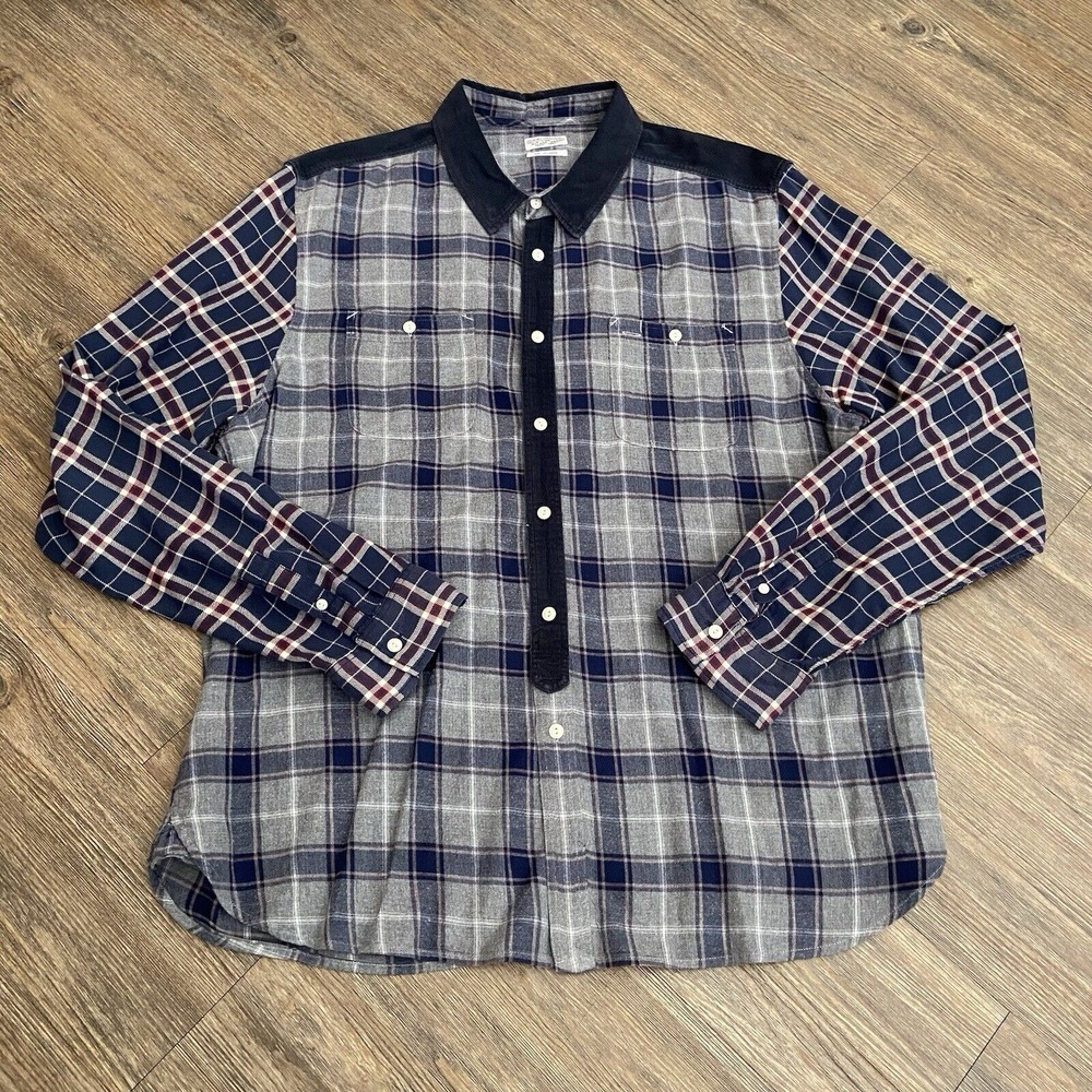 AllSaints Spitafields Flannel‎ Button Up Multi Color Gray Navy Blue Plaid 2XL